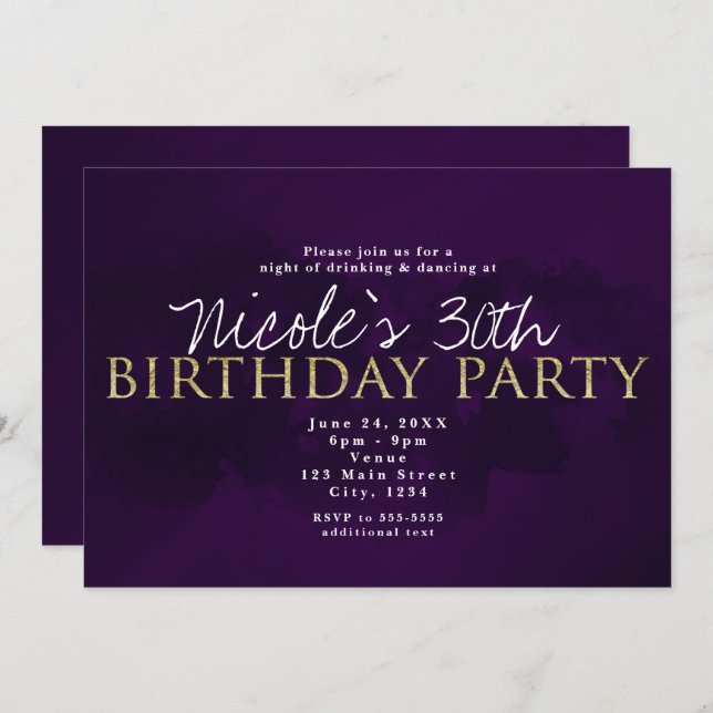 Purple Black & Gold Glam Modern Party Invitations (Front/Back)