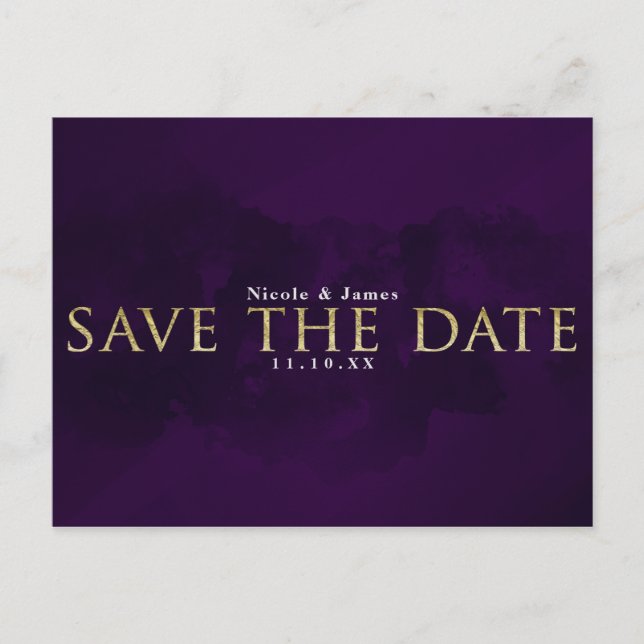 Purple Black & Gold Glam Modern Save the Date Announcement Postcard (Front)