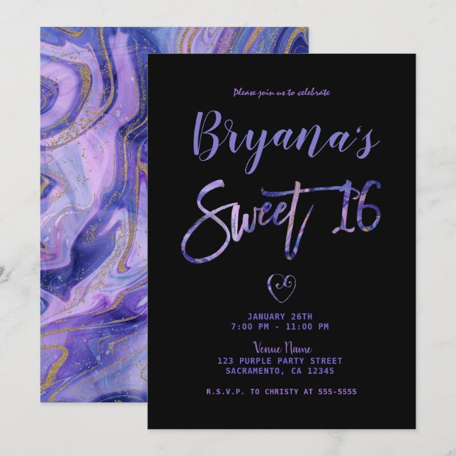 Purple Black Gold Marble Chic Glam Sweet 16 Party Invitation (Front/Back)