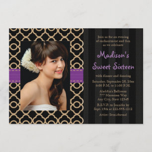 Purple Black Gold Moroccan Sweet Sixteen Photo Invitation