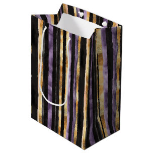 Purple Black Gold Stripes Birthday Medium Gift Bag