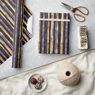 Purple Black Gold Stripes Birthday Wrapping Paper