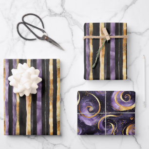 Purple Black Gold Stripes Swirls Birthday Wrapping Paper Sheet