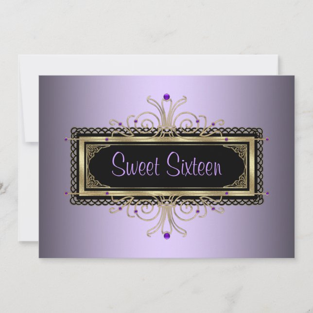 Purple Black Gold Sweet Sixteen Birthday Party Invitation (Front)