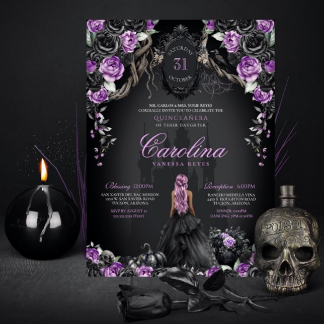 Purple Black Gothic Princess Halloween Quinceanera Invitation (Creator Uploaded)