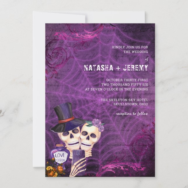 Purple Black Gothic Skeleton Halloween Wedding Invitation (Front)