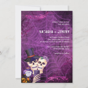 Purple Black Gothic Skeleton Halloween Wedding Invitation