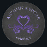 Purple Black Gothic Wedding Classic Round Sticker<br><div class="desc">Ready to get some delicious gothic wedding invitations? Yeah, you are. These are practically lickable. The coordinating pieces of this Victorian gothic wedding invitation suite feature a scrollwork frame with glowing accents on a textured background. Perfect for you moody, elegant wedding or your gothic wedding. *** Need to rearrange text...</div>