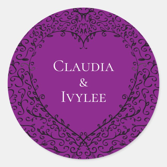 Purple & Black Gothic Wedding Heart Classic Round Sticker (Front)