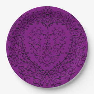 Purple & Black Gothic Wedding Heart Paper Plate