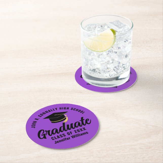 Purple Black Graduate Custom Graduation Party Round Paper Coaster (Insitu)