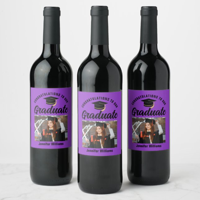 Purple Black Graduate Custom Graduation Party Wine Label (Bottles)
