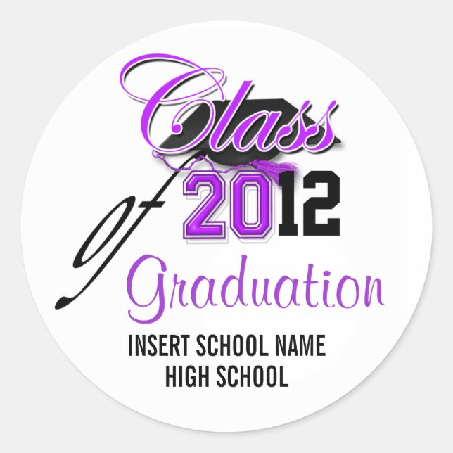 Purple black graduation "class of" announcement classic round sticker (Front)