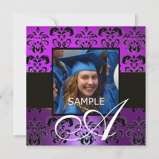 PURPLE BLACK GRADUATION DAMASK  MONOGRAM , violet Invitation (Front)