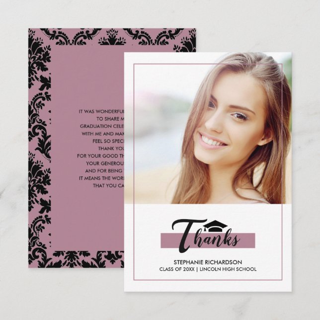 Purple Black Graduation Thank You Photo Card (Front/Back)