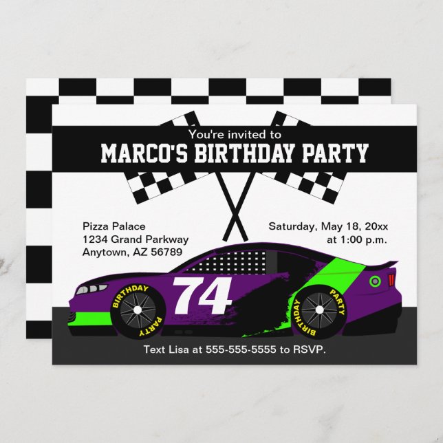 Purple Black Green White Race Car Birthday Party Card (Front/Back)