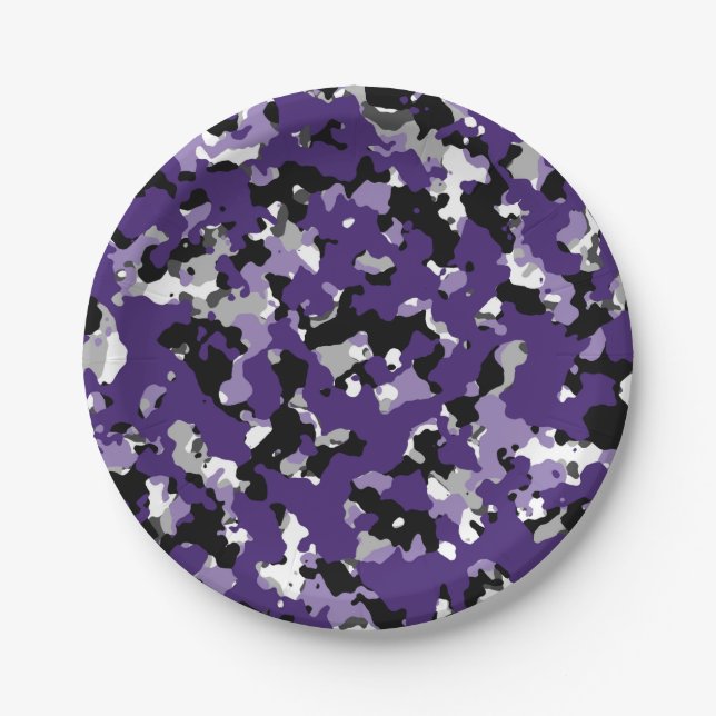 Purple Black Grey Camouflage Camo Print Party Paper Plate (Front)
