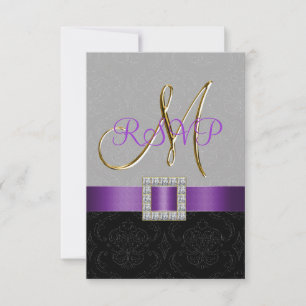 Purple Black Grey Damask Gold Initial Wedding RSVP Card