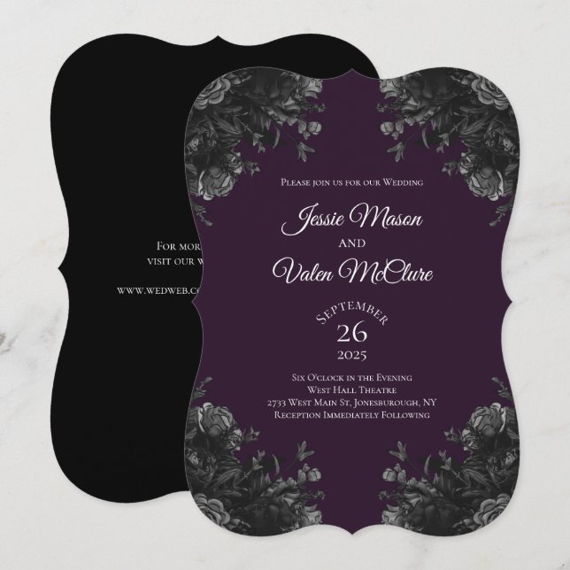 Purple Black Grey Roses Gothic Elegant Wedding Invitation (Front/Back)
