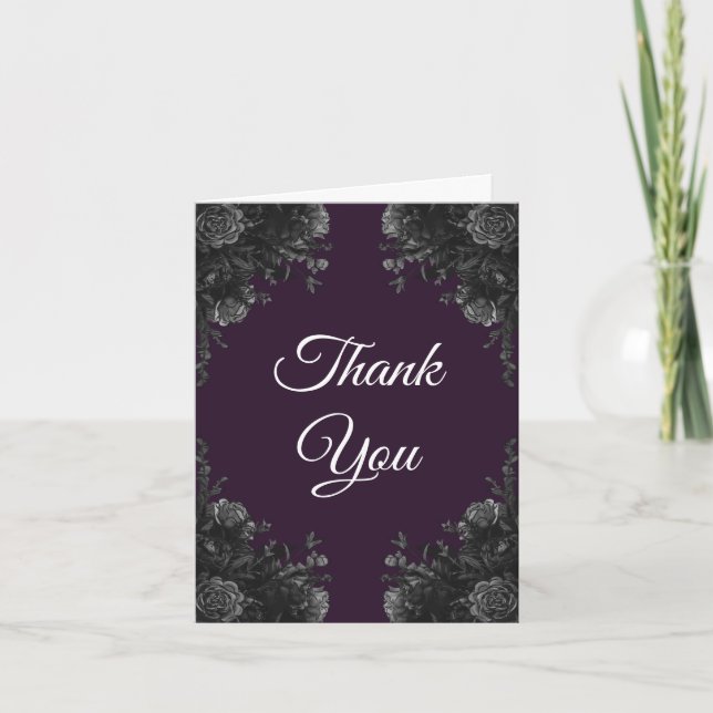 Purple Black Grey Roses Gothic Thank You Card (Front)