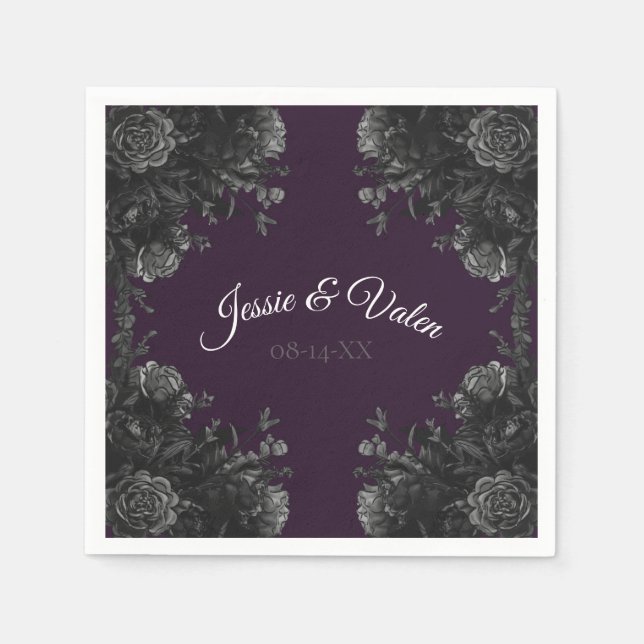 Purple Black Grey Roses Gothic Wedding Napkin (Front)
