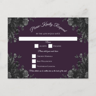 Purple Black Grey Roses Gothic Wedding RSVP Reply Holiday Postcard
