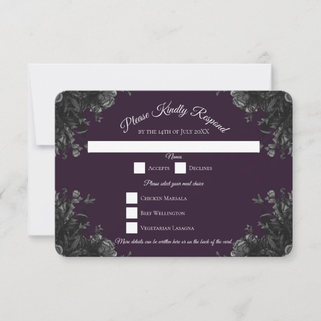 Purple Black Grey Roses Gothic Wedding RSVP Reply Invitation (Front)
