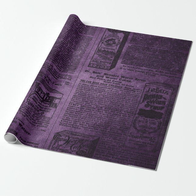 Purple & Black Grunge Distressed Vintage Newspaper Wrapping Paper (Unrolled)
