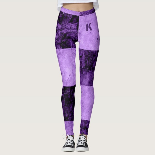 Purple Black Grunge Tiles Monogram Personalised Leggings (Front)