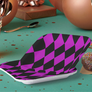 Purple Black Harlequin Diamonds Checkers Design Paper Plate