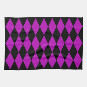 Purple Black Harlequin Diamonds Checkers Design Tea Towel