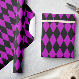 Purple Black Harlequin Diamonds Checkers Design  Wrapping Paper
