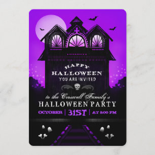 Purple Black Haunted House Halloween Party Invite