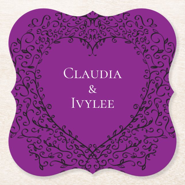 Purple Black Heart Elegant Gothic Wedding Coasters (Front)