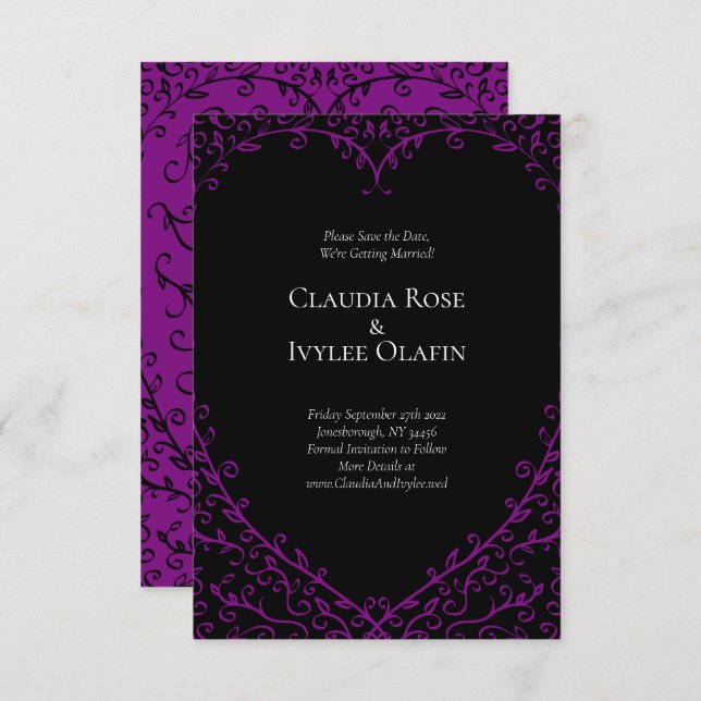 Purple & Black Heart Gothic Wedding Save the Date Invitation (Front/Back)