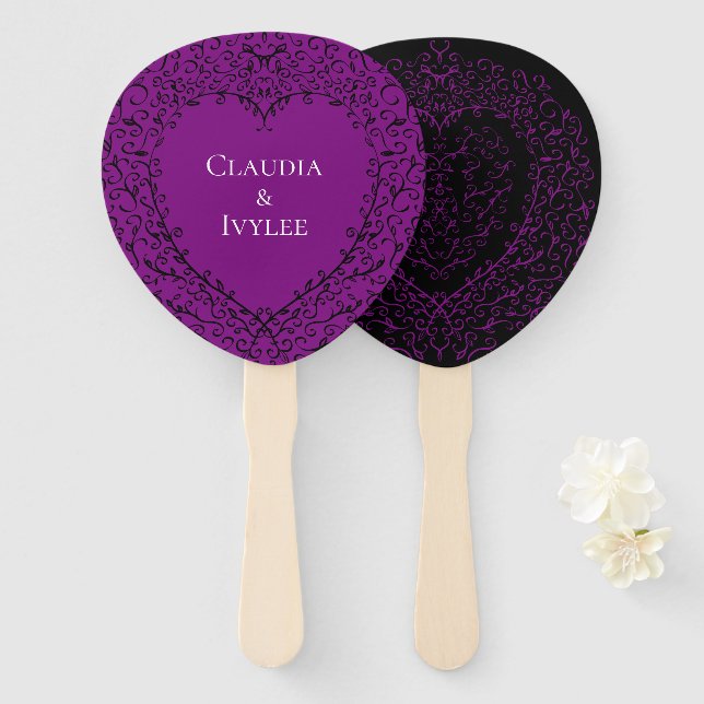 Purple Black Heart Swirls Gothic Wedding Hand Fan (Front and Back)