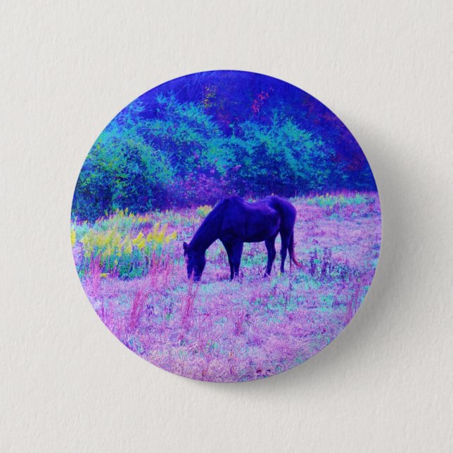Purple Black Horse in Rainbow field 6 Cm Round Badge (Front)