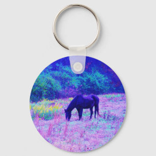 Purple Black Horse in Rainbow field Key Ring