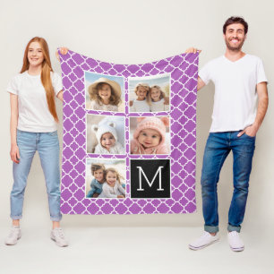 Purple & Black Instagram 5 Photo Collage Monogram Fleece Blanket