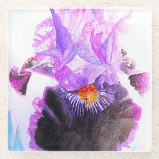 Purple Black Iris Watercolor Flower Floral Glass Coaster (Front)