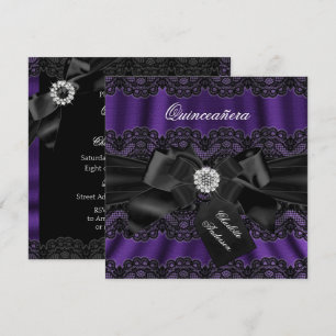 Purple Black Lace & Bow Quinceanera Party Invite