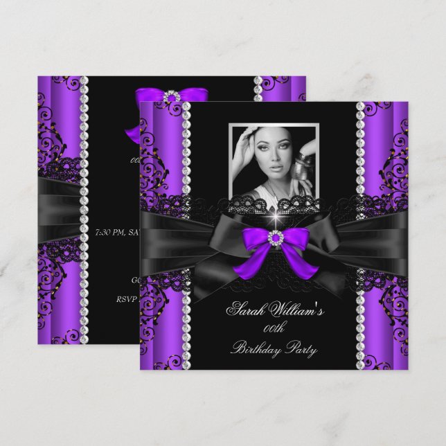 Purple Black Lace Photo Birthday Party Invitation (Front/Back)