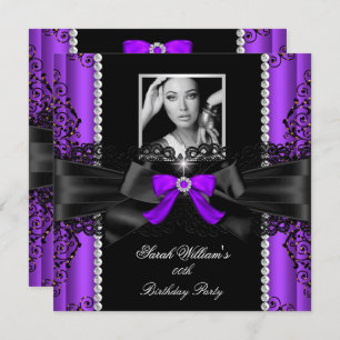 Purple Black Lace Photo Birthday Party Invitation