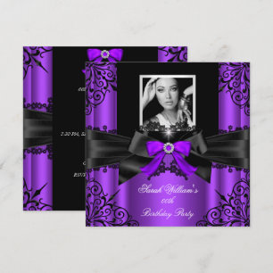 Purple Black Lace Photo Elegant Birthday Party 2 Invitation