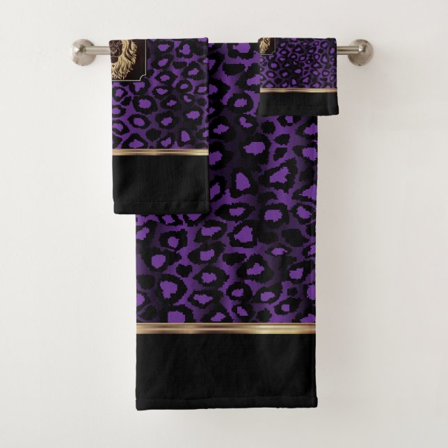 Purple & Black Leopard Pattern with a Lion Head   Bath Towel Set (Insitu)