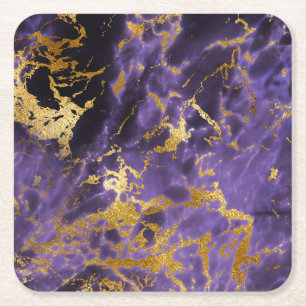 Purple Black Marble Faux Gold Glitter Pattern Square Paper Coaster
