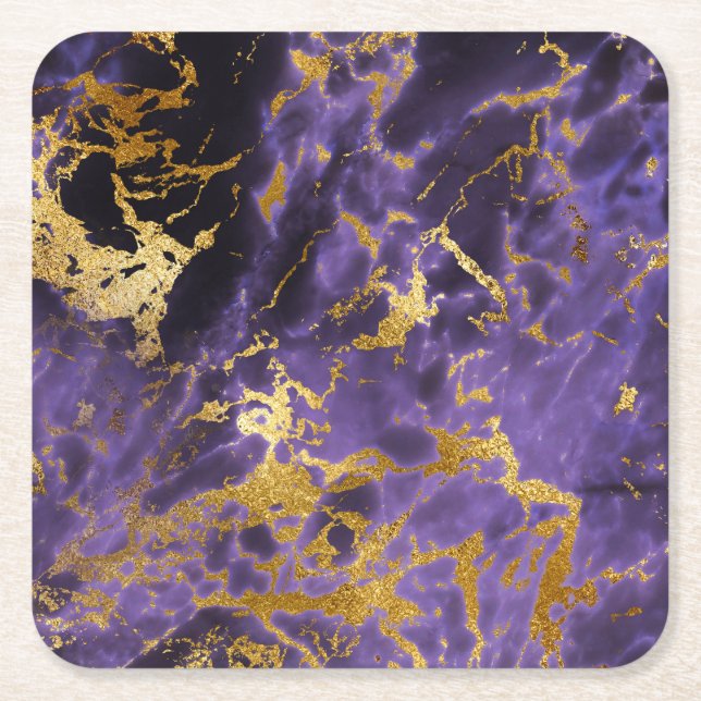 Purple Black Marble Faux Gold Glitter Pattern Square Paper Coaster (Front)