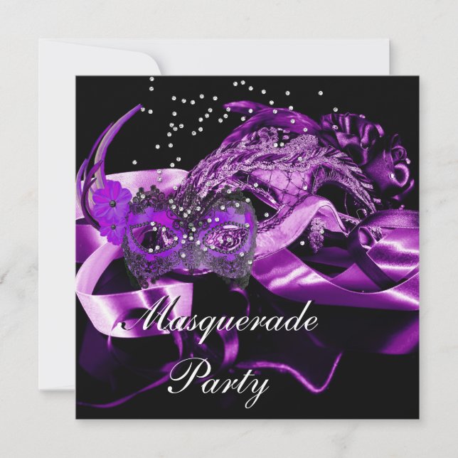 Purple Black Masks Masquerade Ball Party Invitation (Front)