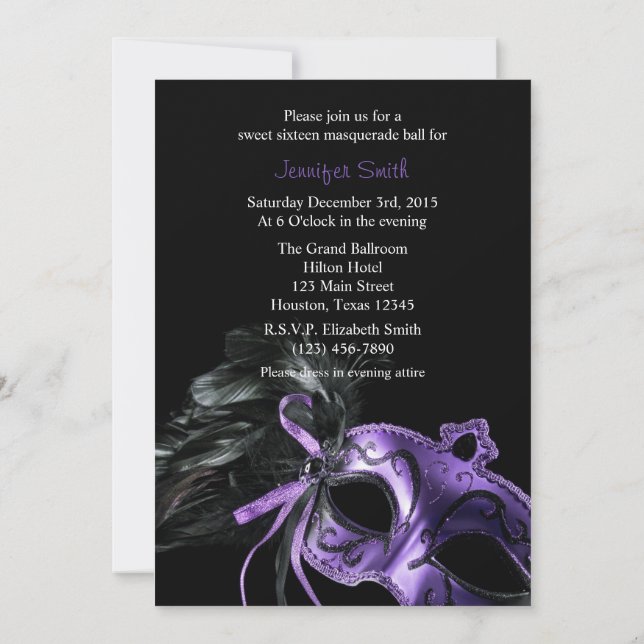 Purple Black Masquerade Sweet 16 Ball Invitation (Back)