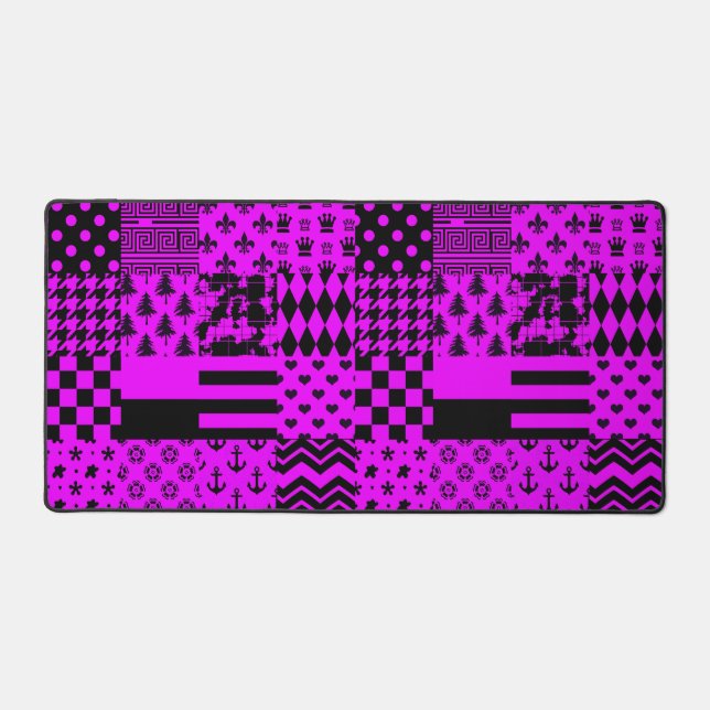 Purple Black Mixed Patterns Patchwork Design  Desk Mat (Front)